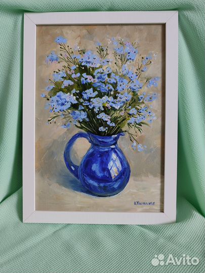 Картина маслом цветы пионы космеи незабудки