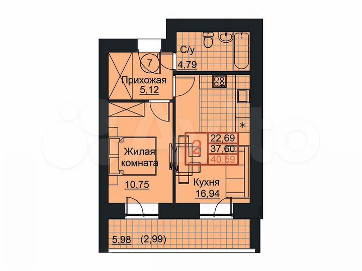 2-к. квартира, 40,6 м², 2/19 эт.