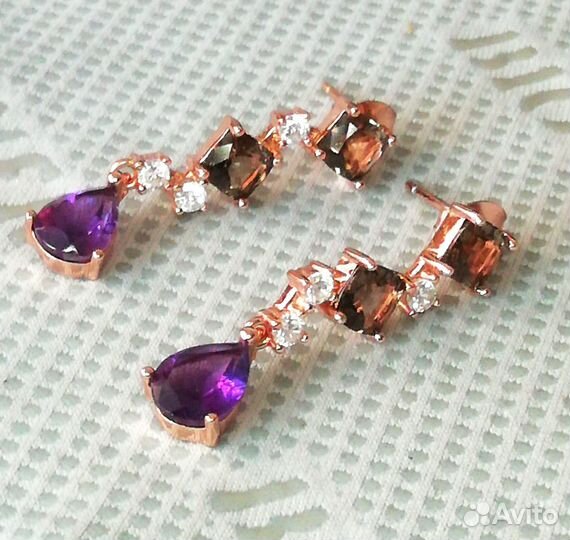Серьги серебро аметист, раухтопаз С402