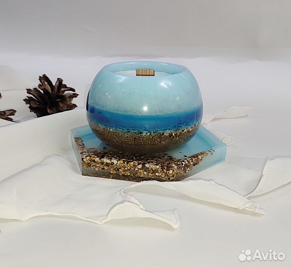 Свечи соевые в подсвечнике из эпокси-смолы руч/раб