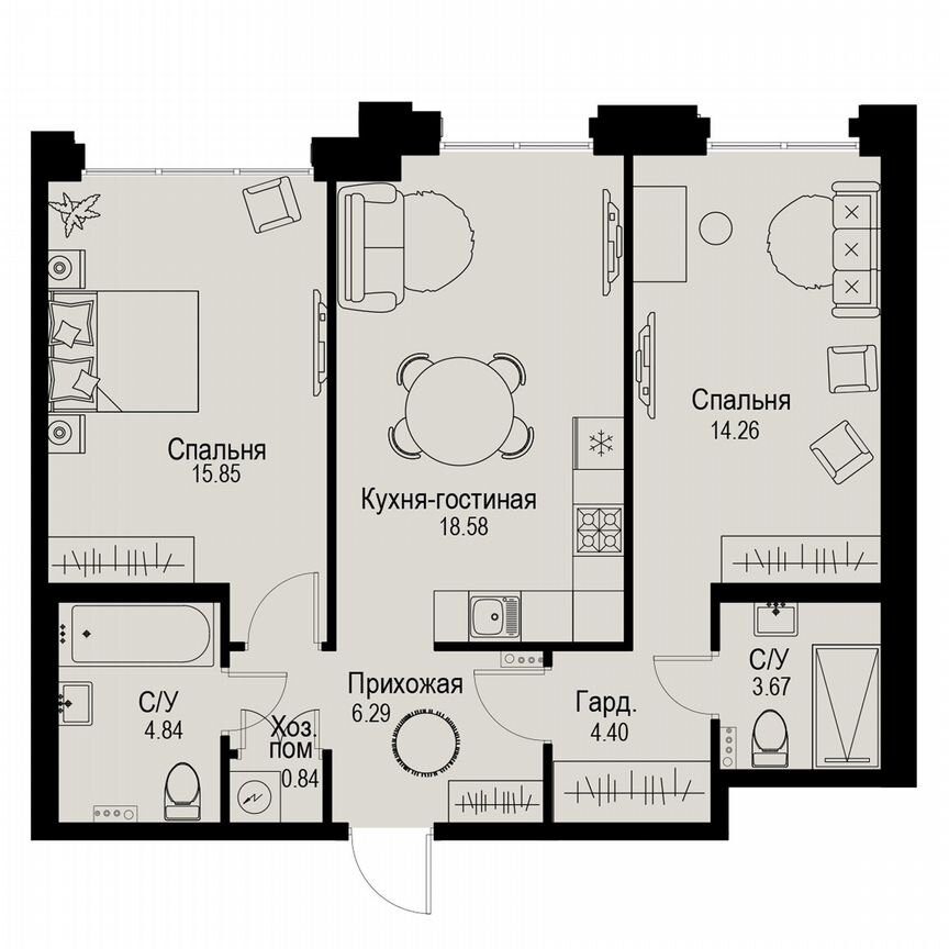 2-к. квартира, 68,7 м², 2/6 эт.