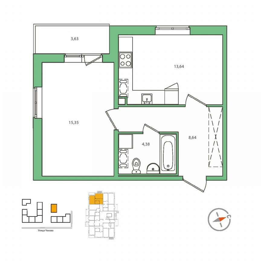 1-к. квартира, 44,1 м², 1/8 эт.