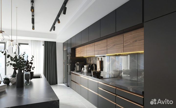 Кухня прямая под потолок с островом