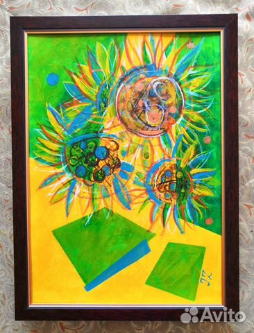 Картина. *Среди подсолнухов*. Акрил на плотной бум