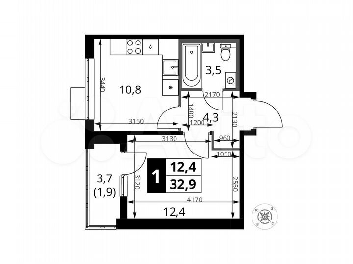 1-к. квартира, 32,9 м², 13/16 эт.