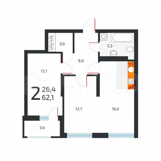 2-к. квартира, 62,2 м², 12/24 эт.
