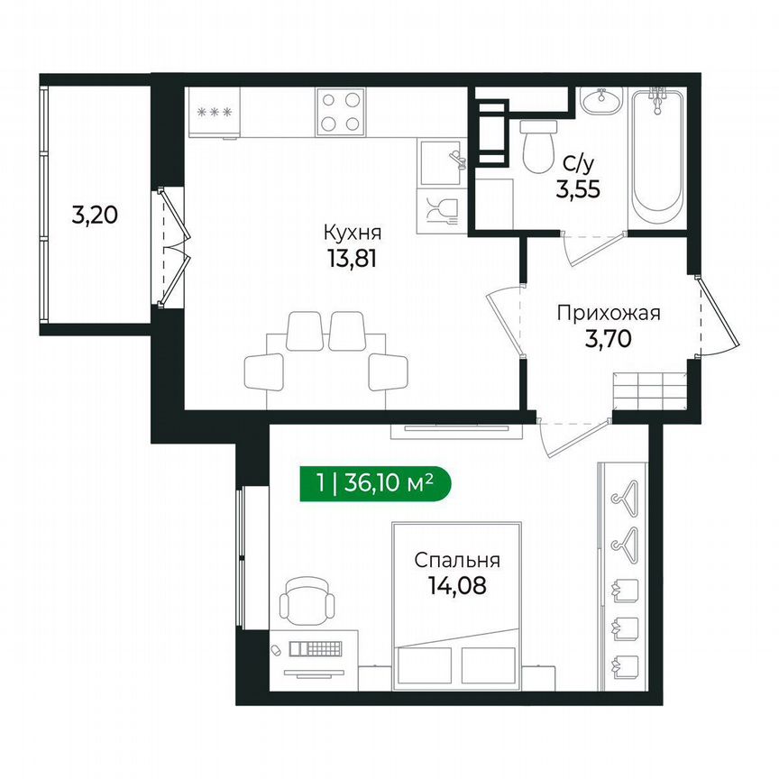 1-к. квартира, 36,1 м², 6/8 эт.