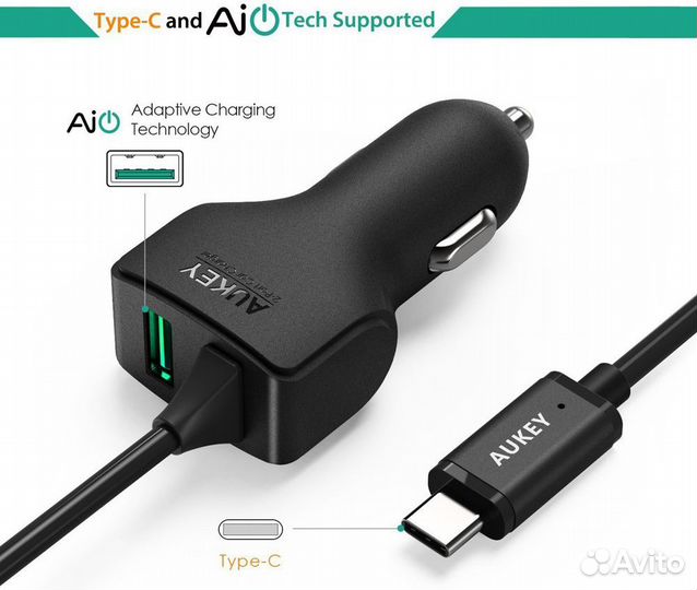 Авто зарядка Aukey 27W - 1xUSB & Type C 3A (CC-Y4)