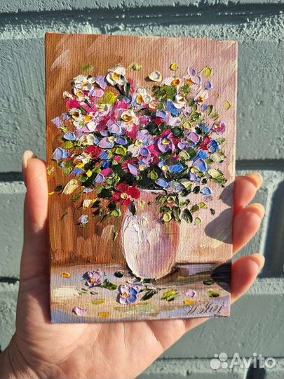 Картина маслом с цветами натюрморт миниатюра холст