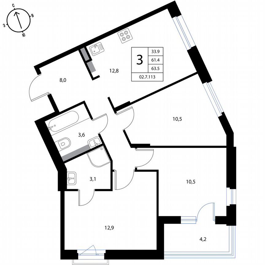 3-к. квартира, 63,5 м², 2/3 эт.