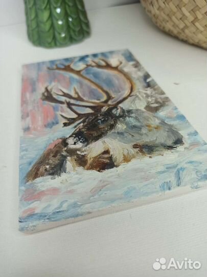 Картина маслом северный олень, миниатюрная картина