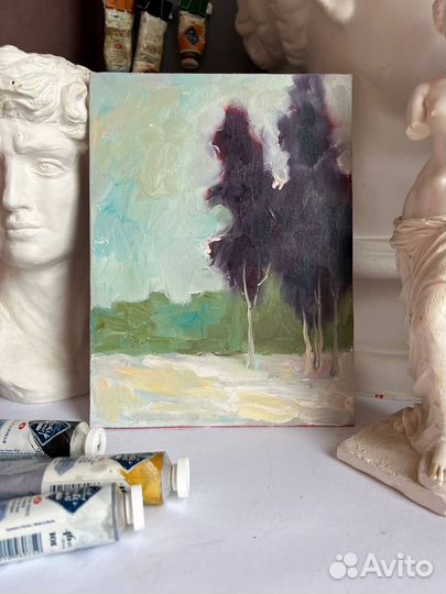 Картина маслом зимний пейзаж лес монохром