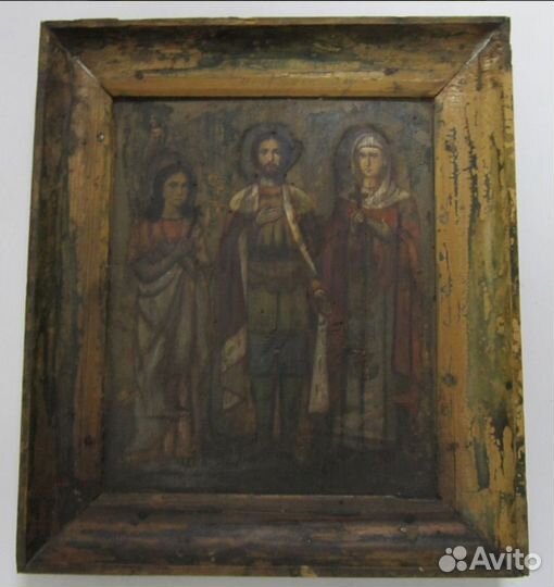 Старинная Рукописная икона. Трое Святых 19 век