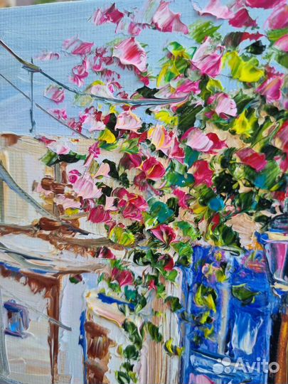 Картина маслом пейзаж Греции Цветы улица 15х10 см