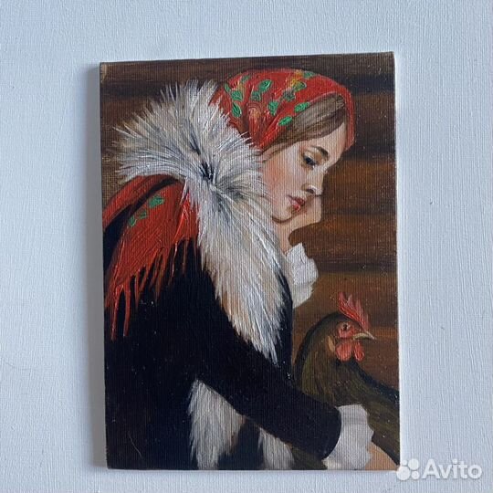 Картина маслом девушка с курицей 13*18