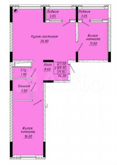 2-к. квартира, 74,2 м², 4/9 эт.