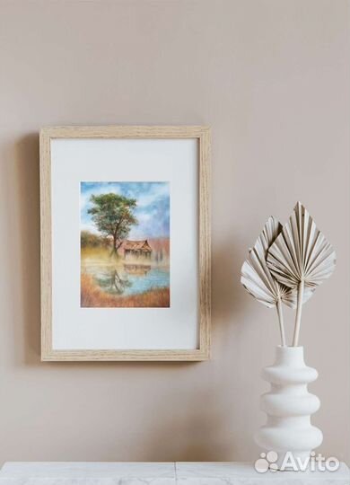 Домик на озере, акварель