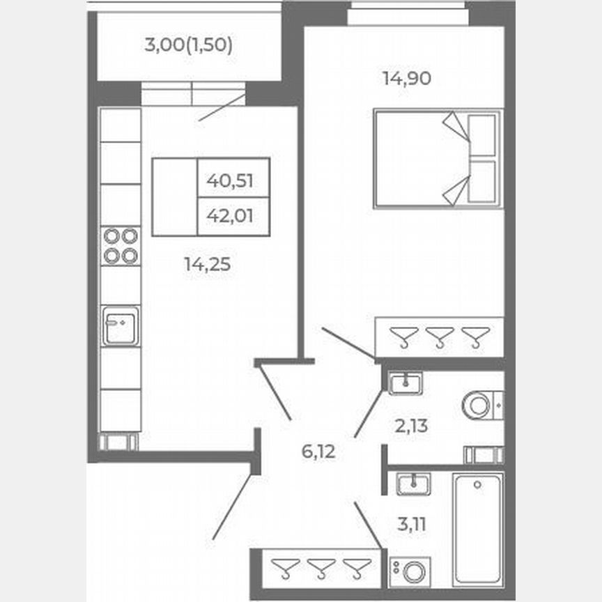 1-к. квартира, 40,5 м², 4/4 эт.