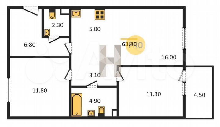 2-к. квартира, 63,4 м², 1/8 эт.