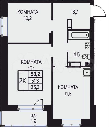 2-к. квартира, 53,2 м², 13/16 эт.