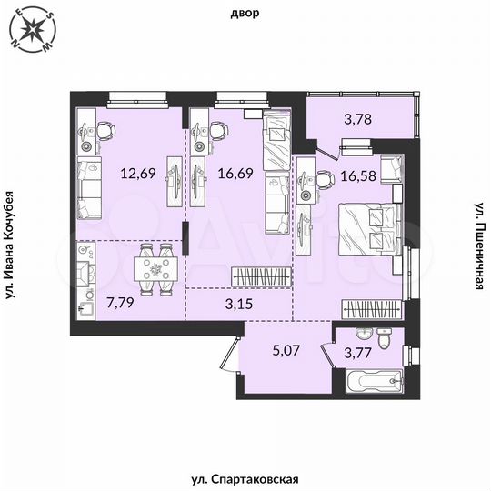 3-к. квартира, 69,6 м², 12/12 эт.