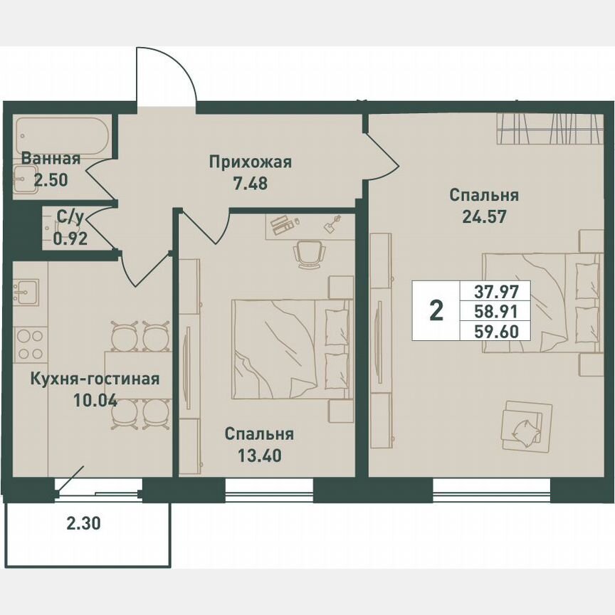 2-к. квартира, 59,6 м², 10/16 эт.
