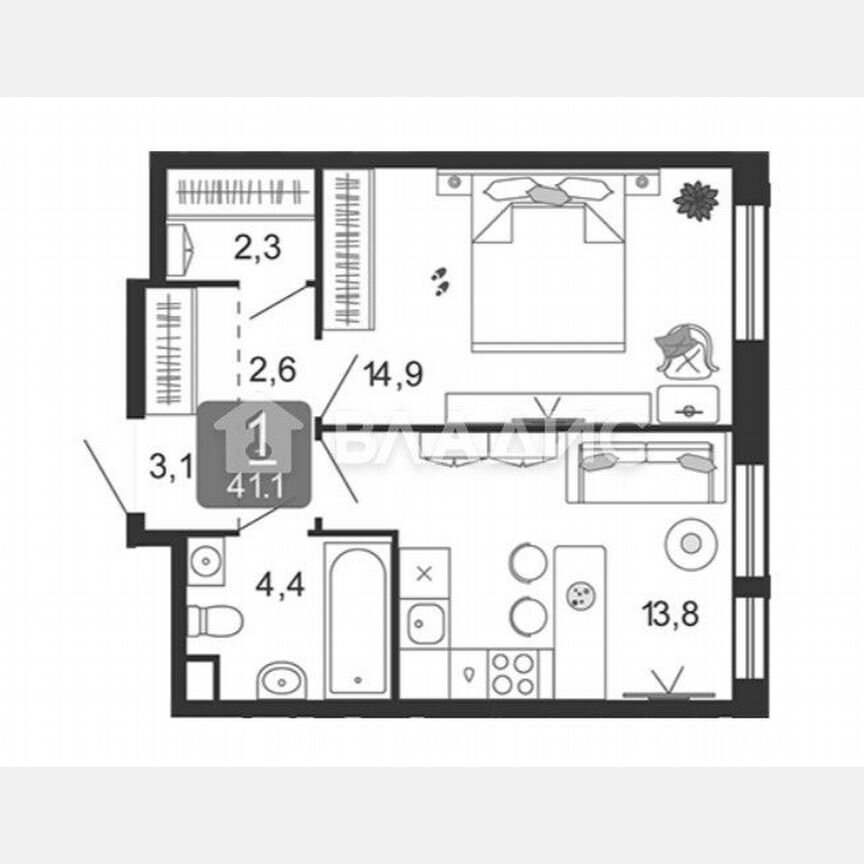1-к. квартира, 41,1 м², 12/17 эт.