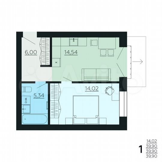 1-к. квартира, 39,9 м², 4/6 эт.