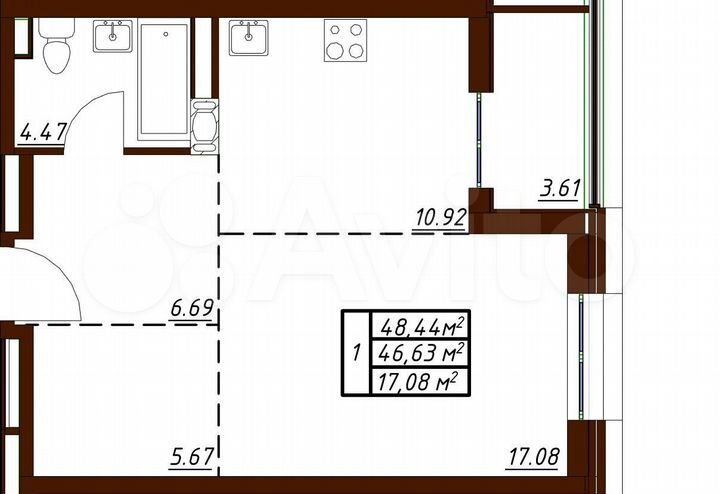 1-к. квартира, 48,4 м², 2/19 эт.