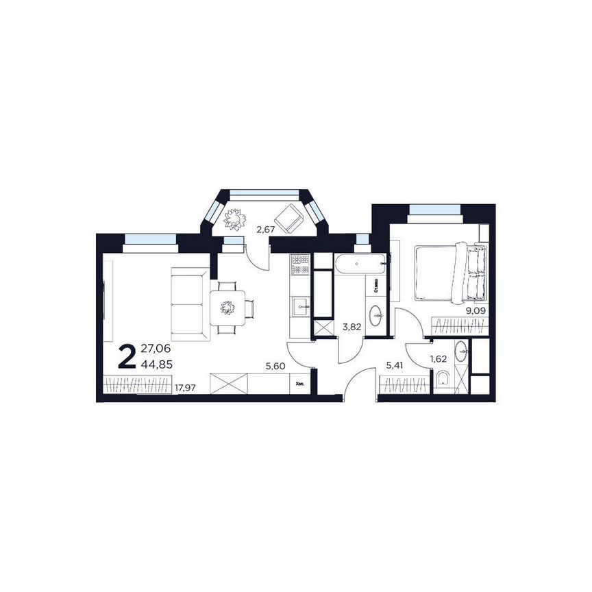 2-к. квартира, 44,9 м², 10/15 эт.