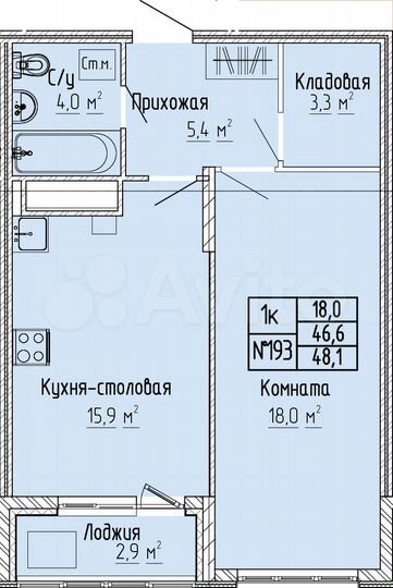 1-к. квартира, 48 м², 6/10 эт.
