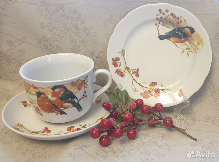 Дулево чайная тройка Снегири, новый