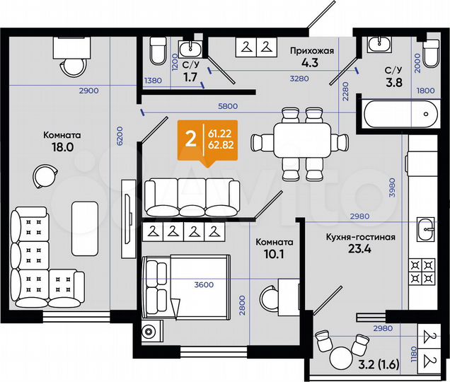 2-к. квартира, 62,8 м², 1/9 эт.
