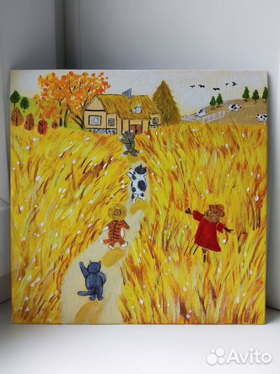 Картина пейзаж с котами холст 20*20 см