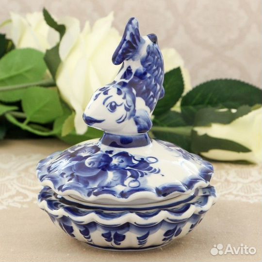 Икорница «Рыбка», с крышкой, 131316 см, гжель