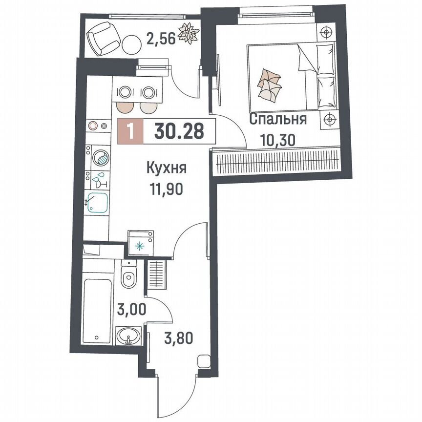1-к. квартира, 30,3 м², 2/18 эт.