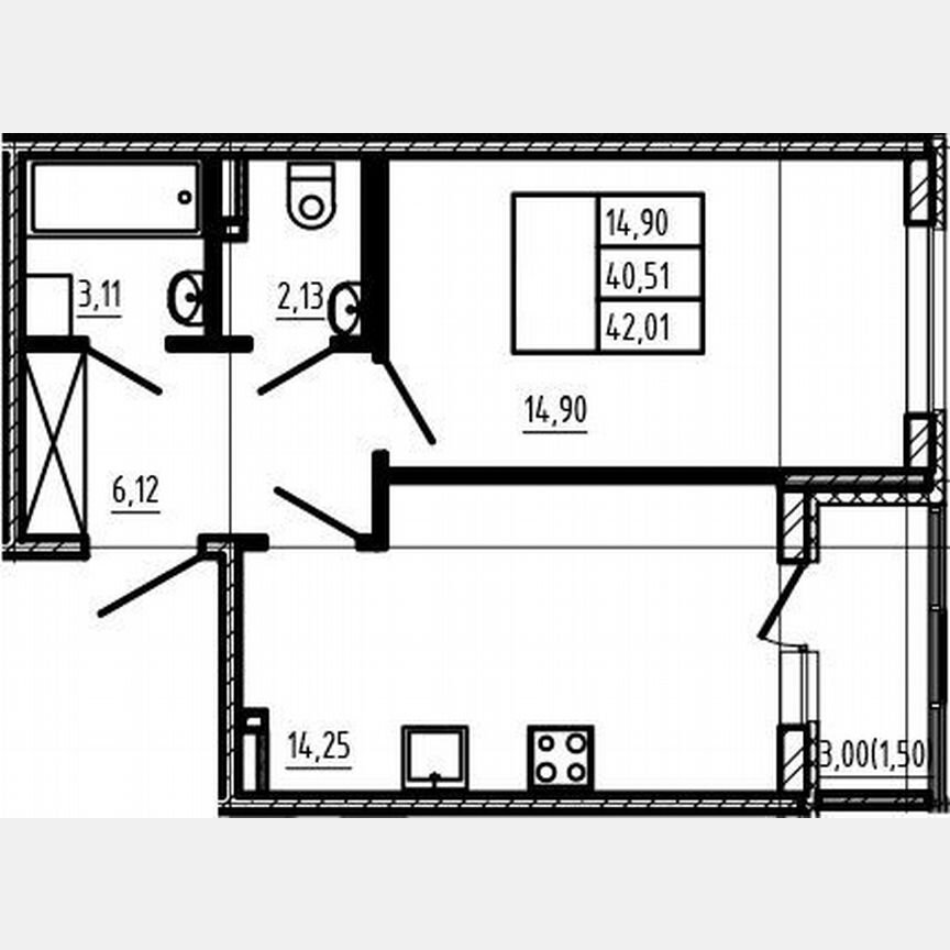 1-к. квартира, 40,5 м², 2/4 эт.