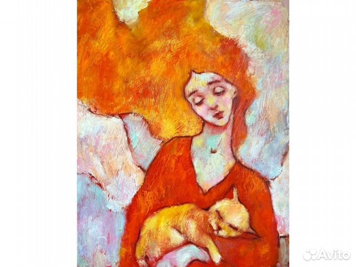 Картина маслом девушка кот оригинальная в интерьер