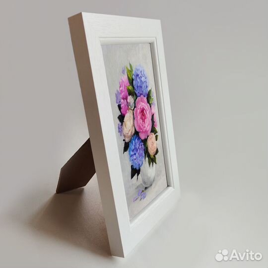 Картина холст / масло цветы Пион и гортензия 10х15