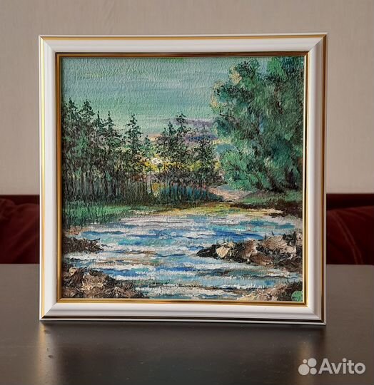 Лесной пейзаж с речкой. Картина маслом 20\20см