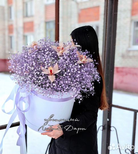 Большая коробка с гипсофилой и цимбидиумом