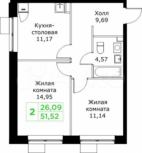 2-к. квартира, 51,5 м², 11/25 эт.