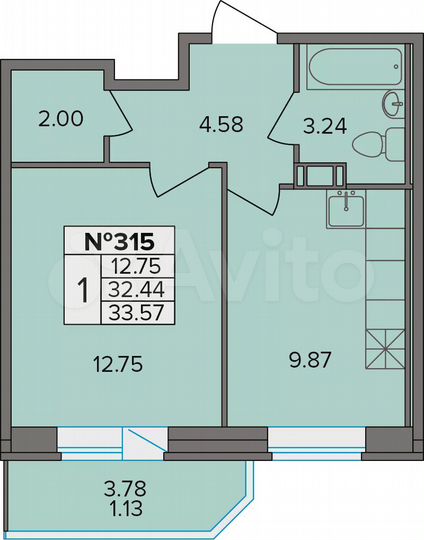 1-к. квартира, 33,6 м², 3/8 эт.