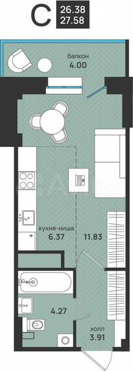 Квартира-студия, 27,6 м², 3/9 эт.