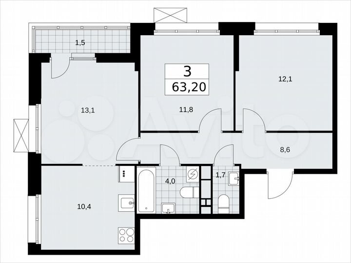 3-к. квартира, 63,2 м², 9/9 эт.