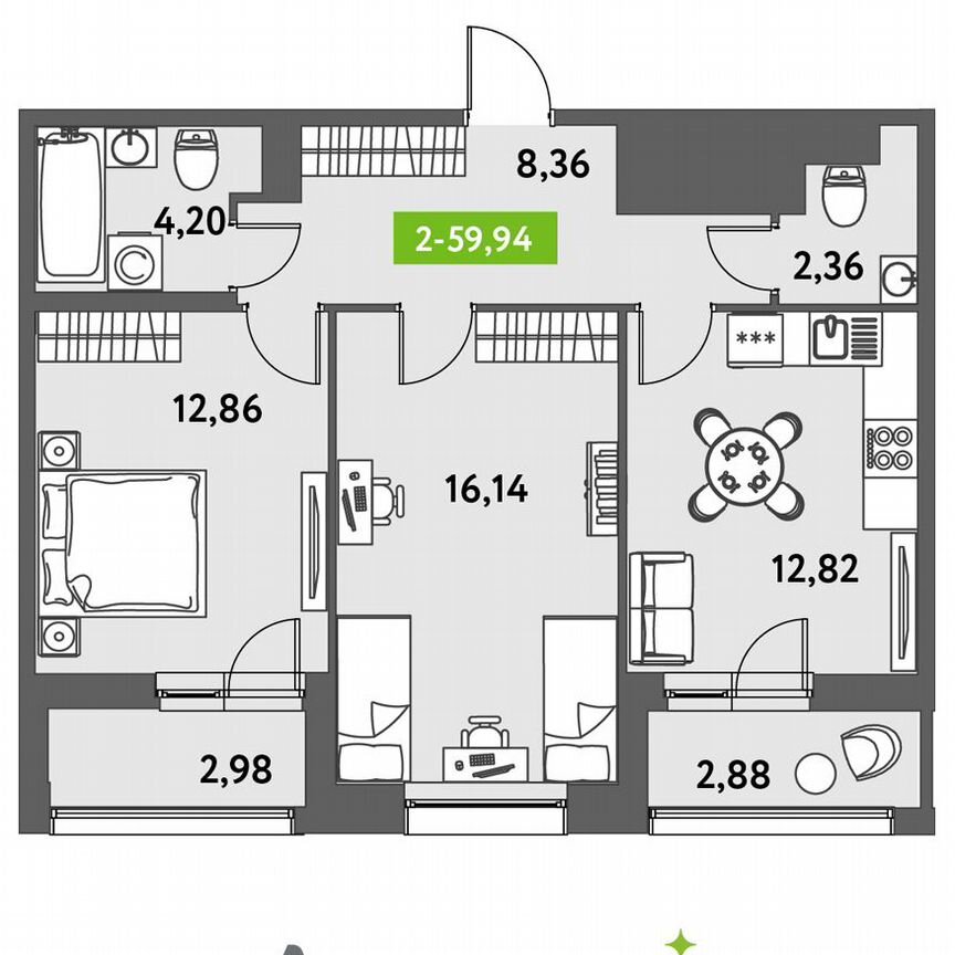 2-к. квартира, 59,9 м², 3/12 эт.