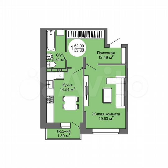 1-к. квартира, 53,3 м², 9/17 эт.