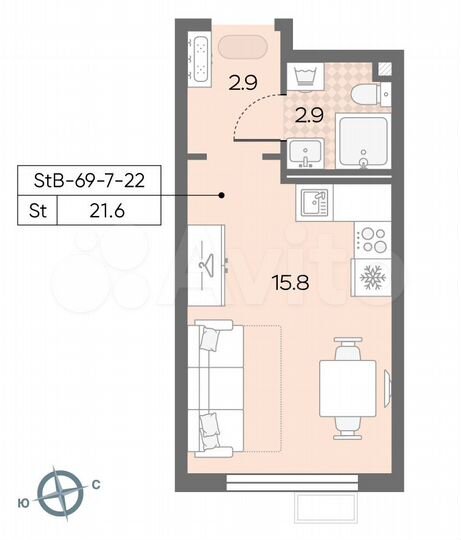 Квартира-студия, 21,6 м², 19/24 эт.