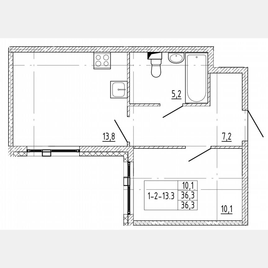 1-к. квартира, 36,3 м², 2/12 эт.
