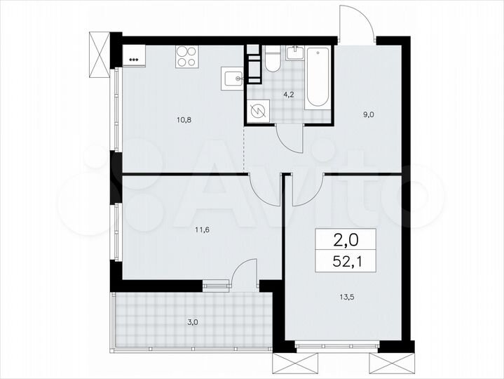 2-к. квартира, 52,1 м², 5/9 эт.